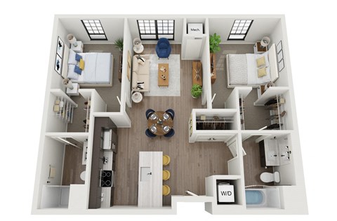 a 2 bedroom floor plan with a bathroom and a living room at The Landing at 1001 NP Apartments in Fargo, ND 58102